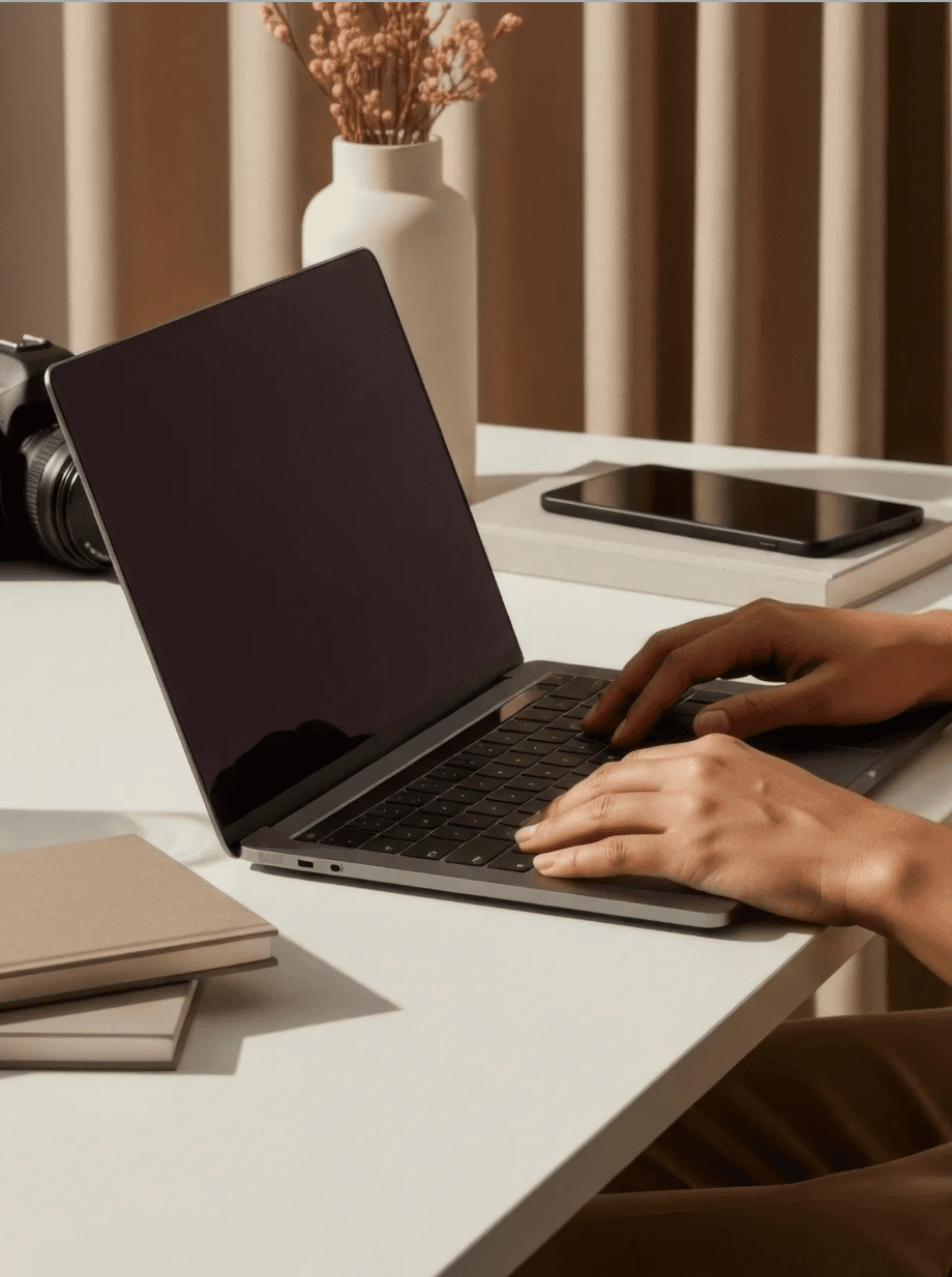 A person typing on a laptop at a calm, sunlit desk with dried flowers