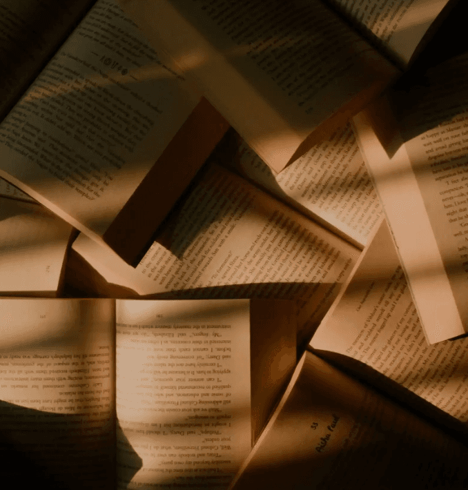 Scattered open book pages lit by warm light — the texts and teachings at the heart of theological harm