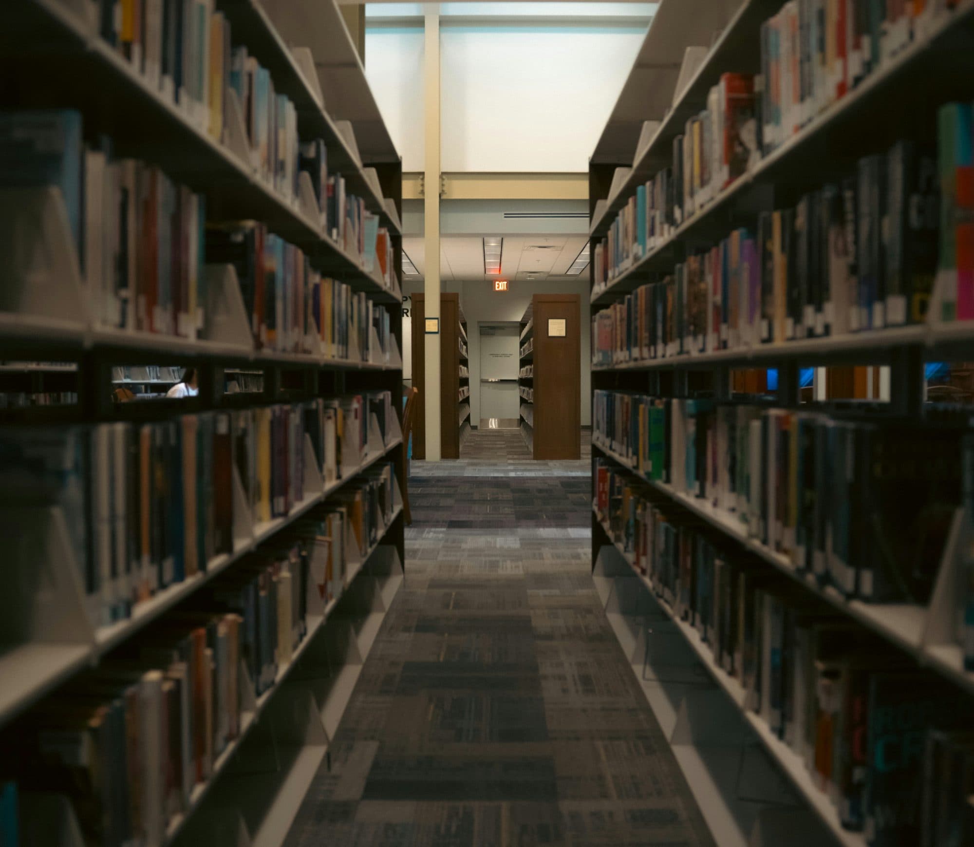 A long library aisle receding between tall shelves packed with books