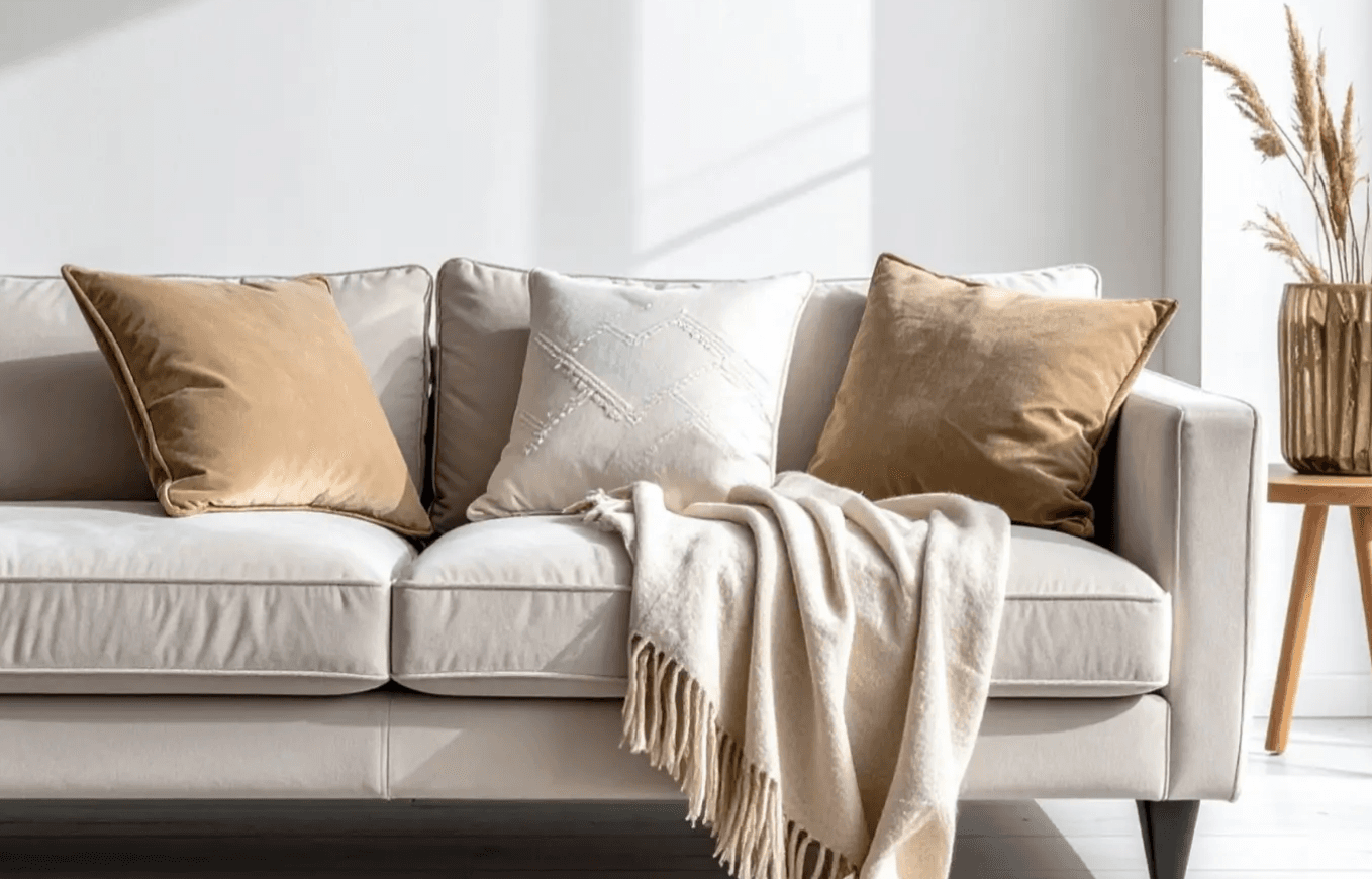 A calm, sunlit sitting space — a soft couch with neutral pillows in a quiet room